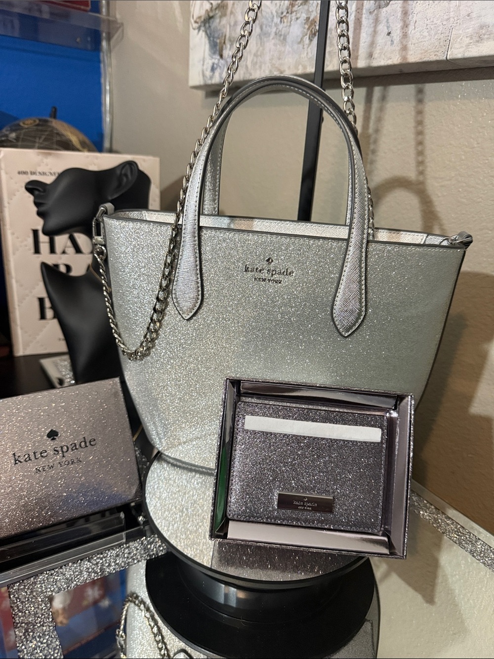 kate spade Silver Glitter Tote with Chain Strap and Card Wallet